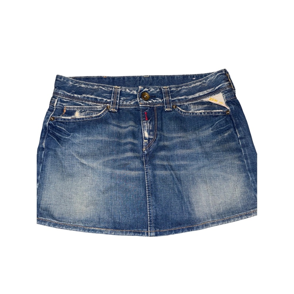 Replay Blue Denim Mini Skirt Low Rise Distressed Zipper Pockets Size 28 6 Y2K